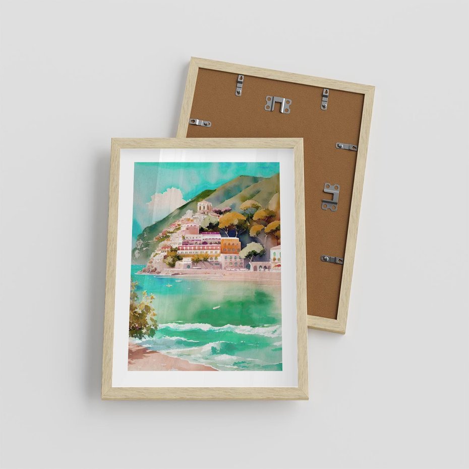 Plakat w ramie 30x40 - Na Zboczu - akwarela, nadmorski pejzaż - rama drewno