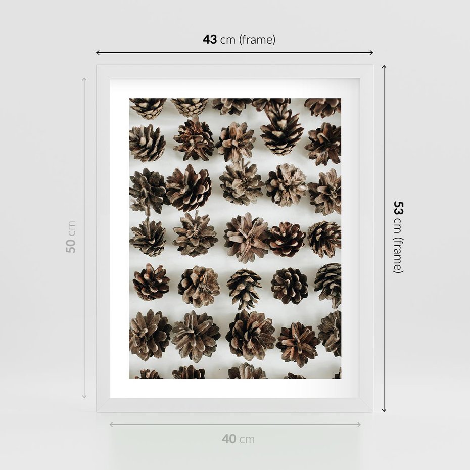 Plakat w ramie 40x50 - Jesienna Tekstura - kompozycja z suchych szyszek, jesienne szyszki - rama biała