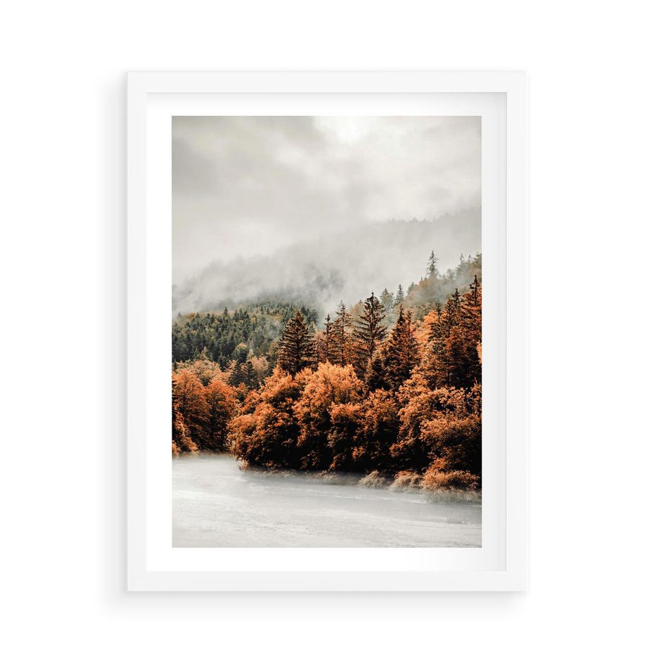 Plakat w ramie 50x70 - Jesienna Mgła - las, góry - rama biała