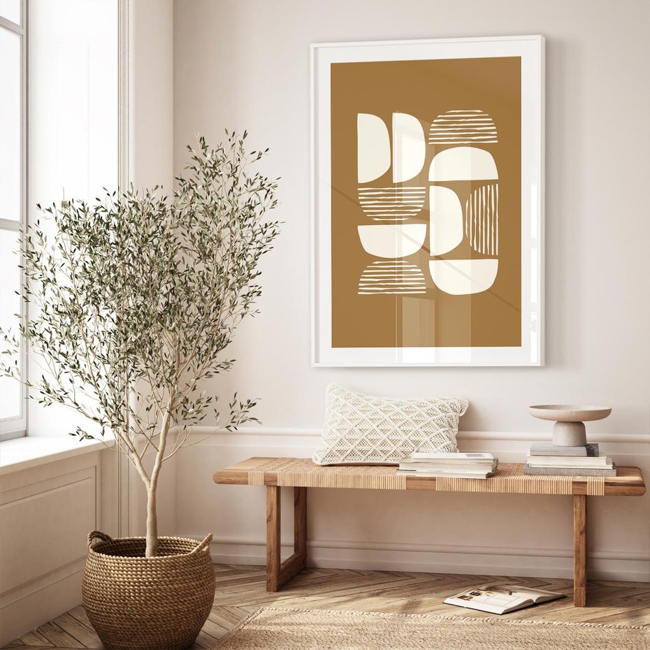 Plakat w ramie 50x70 - Wewnętrzne Spektrum - geometryczne boho kształty na brązowym, karmelowym tle - rama biała