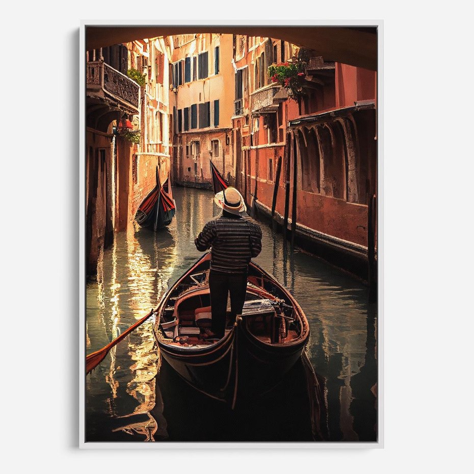 Obraz w ramie 80x120 - Spokojna Wenecja - gondolier w gondoli, kanały Wenecji - rama biała