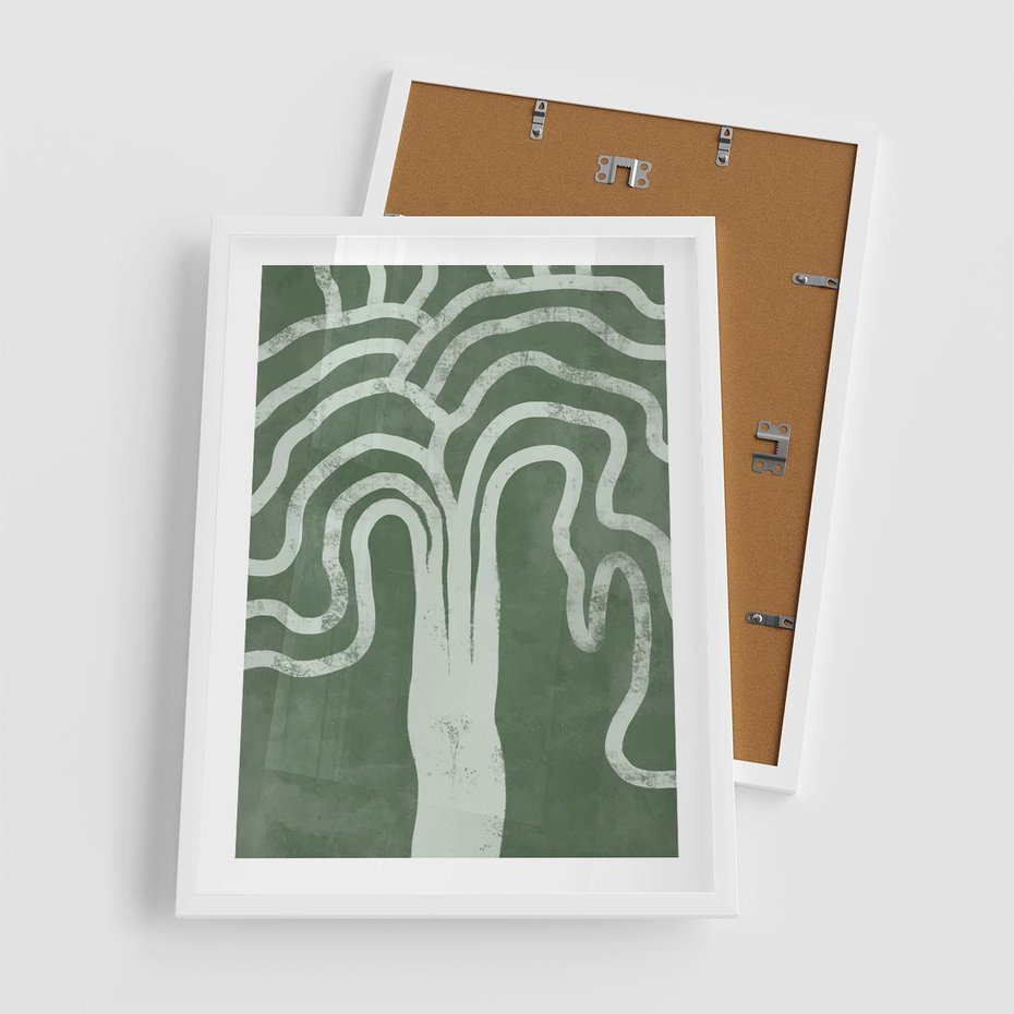 Plakat w ramie 50x70 - Inspirujące Zawiłości Zieleni - abstrakcyjny kształt, zielony plakat - rama biała