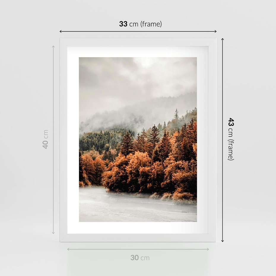 Plakat w ramie 30x40 - Jesienna Mgła - las, góry - rama biała