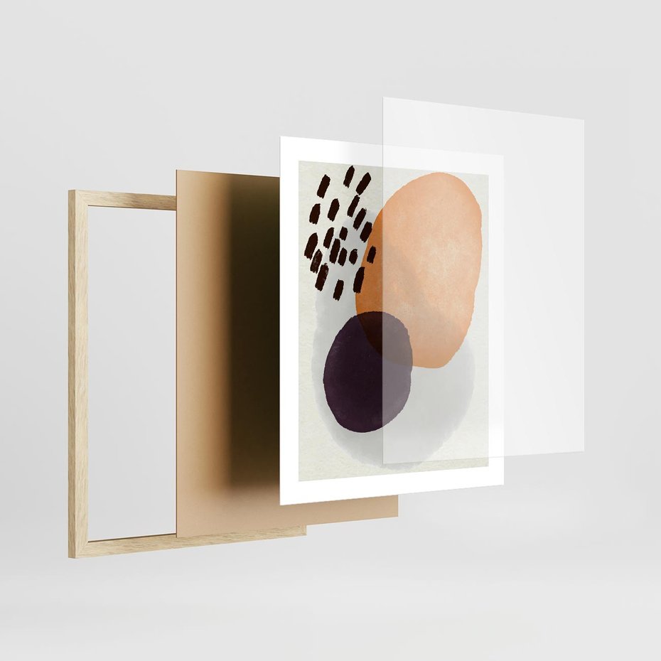 Plakat w ramie 40x50 - Kolorowe Akwarelowe Przenikanie - geometryczne elementy, stonowane ziemiste kolory - rama drewno