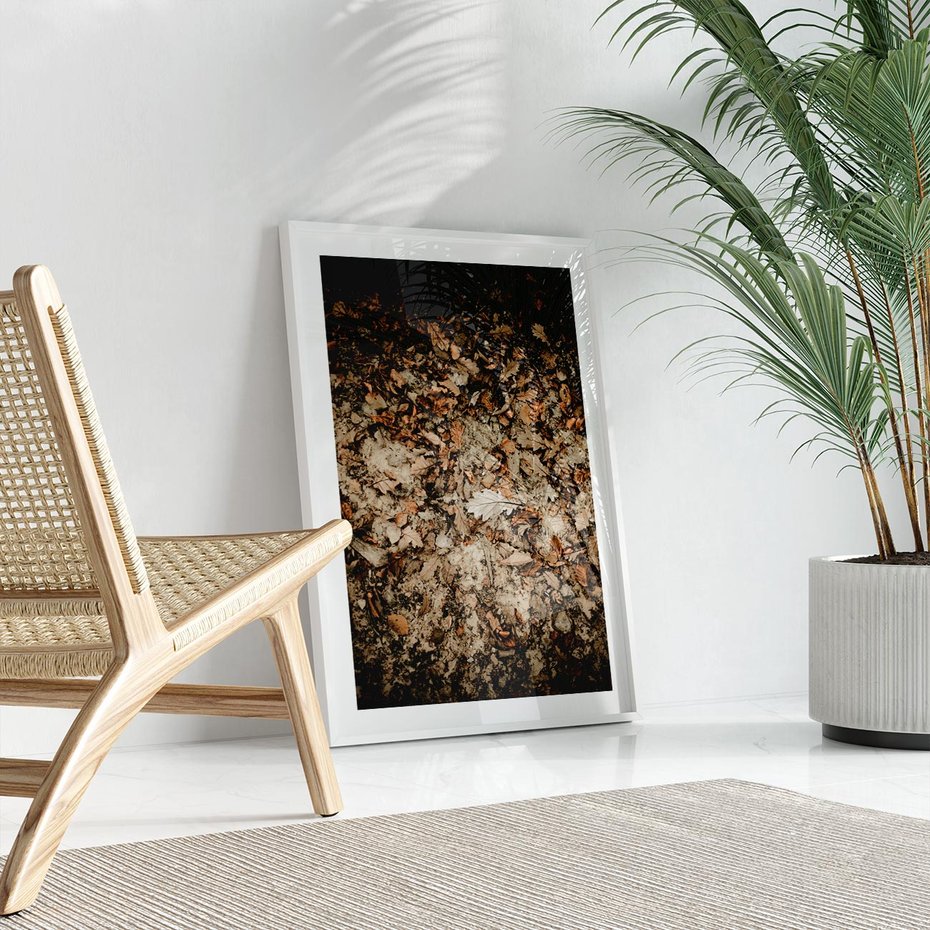 Plakat bez ramy 21x30 - Suchość Liści w Brązowych Tonach - suche liście jesień brąz