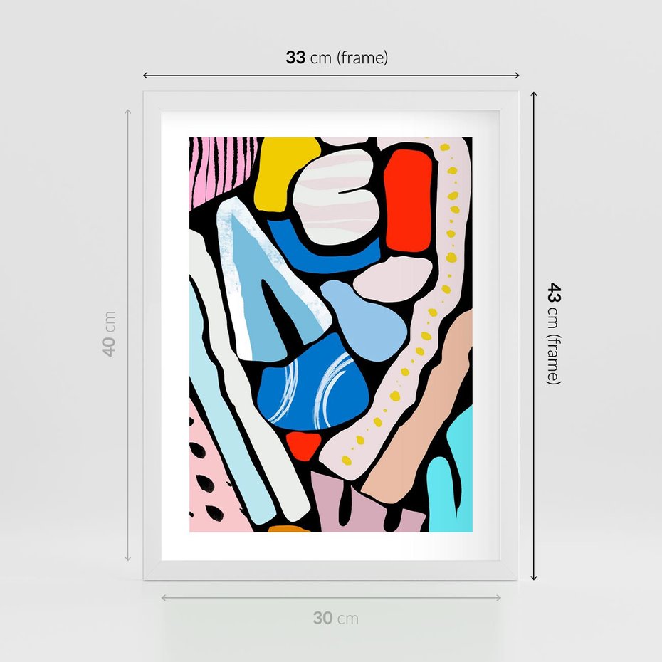 Plakat w ramie 30x40 - Kolory Na Czerni - abstrakcyjne formy, komiksowy styl - rama biała