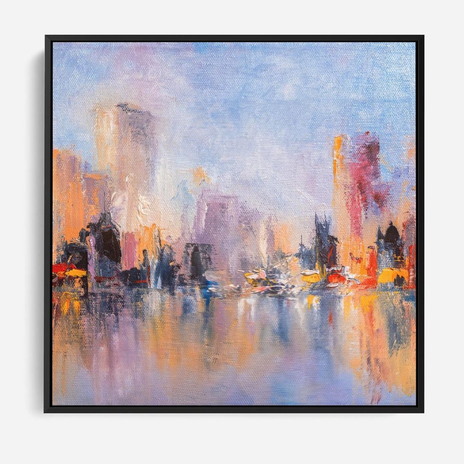 Obraz w ramie 50x50 - Miasto Refleksji - olejna panorama miasta w oddali, wiezowce odbijają się w rzece - rama czarna