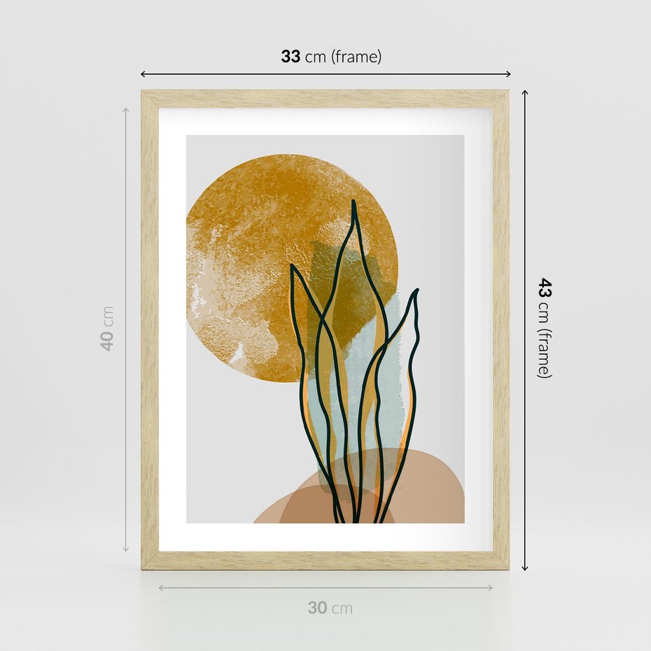 Plakat w ramie 30x40 - Światło Natury: Graficzne Liście i Złote Słońce - grafika, graficzne liście - rama drewno
