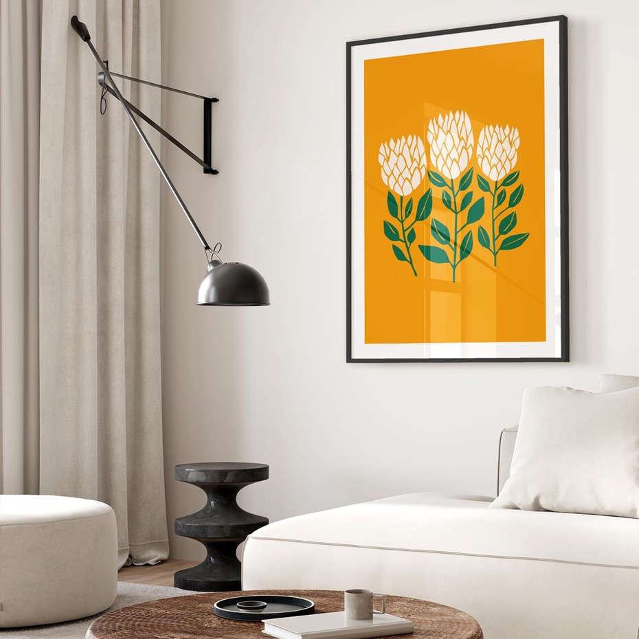 Plakat bez ramy 21x30 - Kolorowe Impresje - abstrakcyjna kwiatowa kompozycja, żółte mocne tło