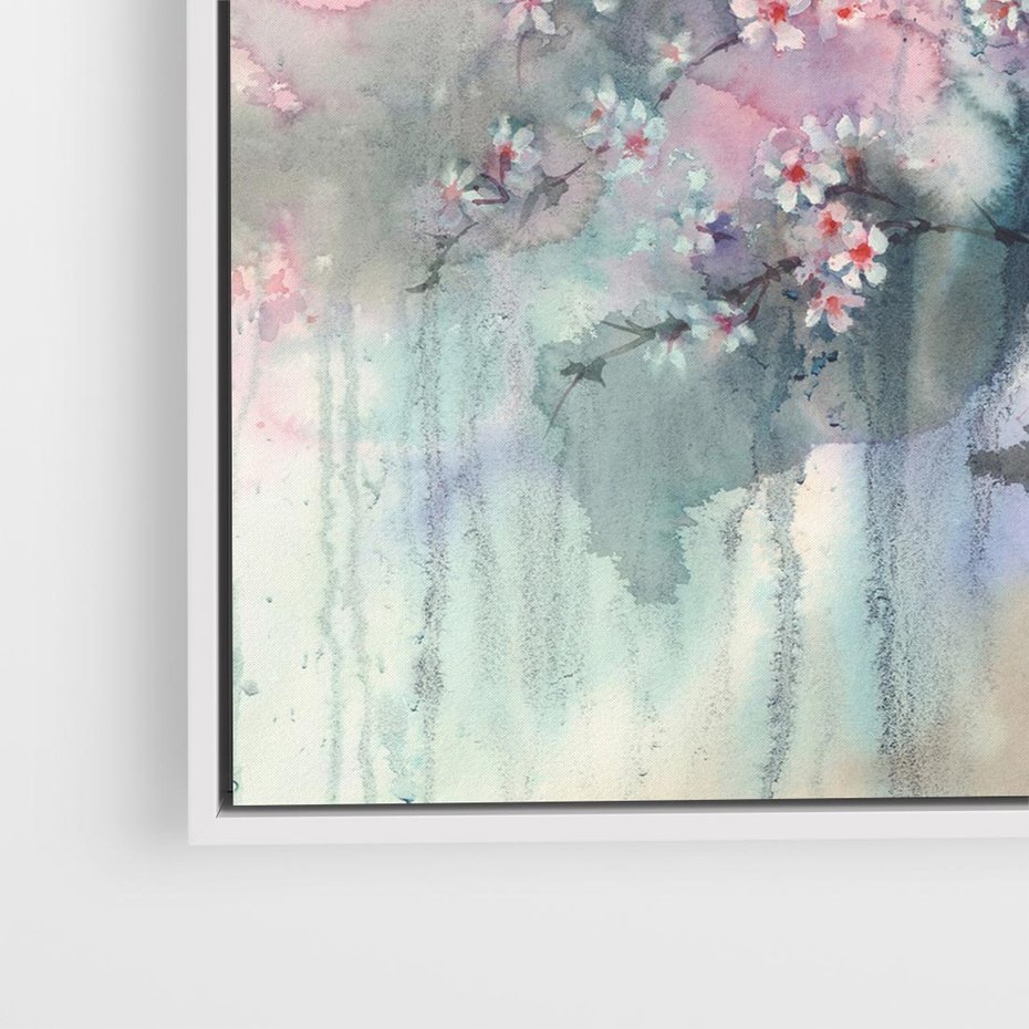 Obraz w ramie 50x50 - Efemeryczne Kwitnienie Drzew - akwarela, rozmyte pastelowe tłó - rama biała