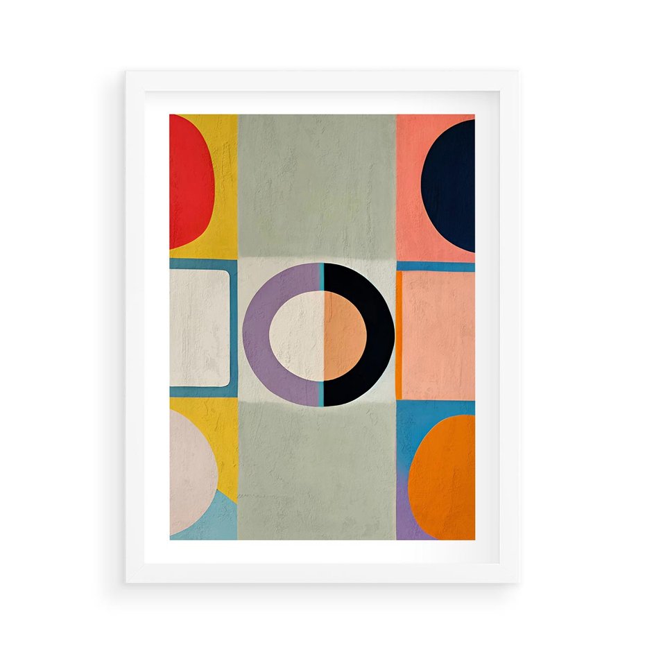 Plakat w ramie 50x70 - Taniec Kształtów Emocji - abstrakcyjne geometryczne kształty, olejny obraz - rama biała