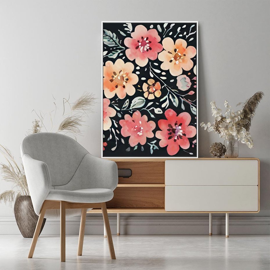 Obraz w ramie 70x100 - Labirynty melancholii - akwarelowe, pastelowe kwiaty na czarnym tle - rama biała