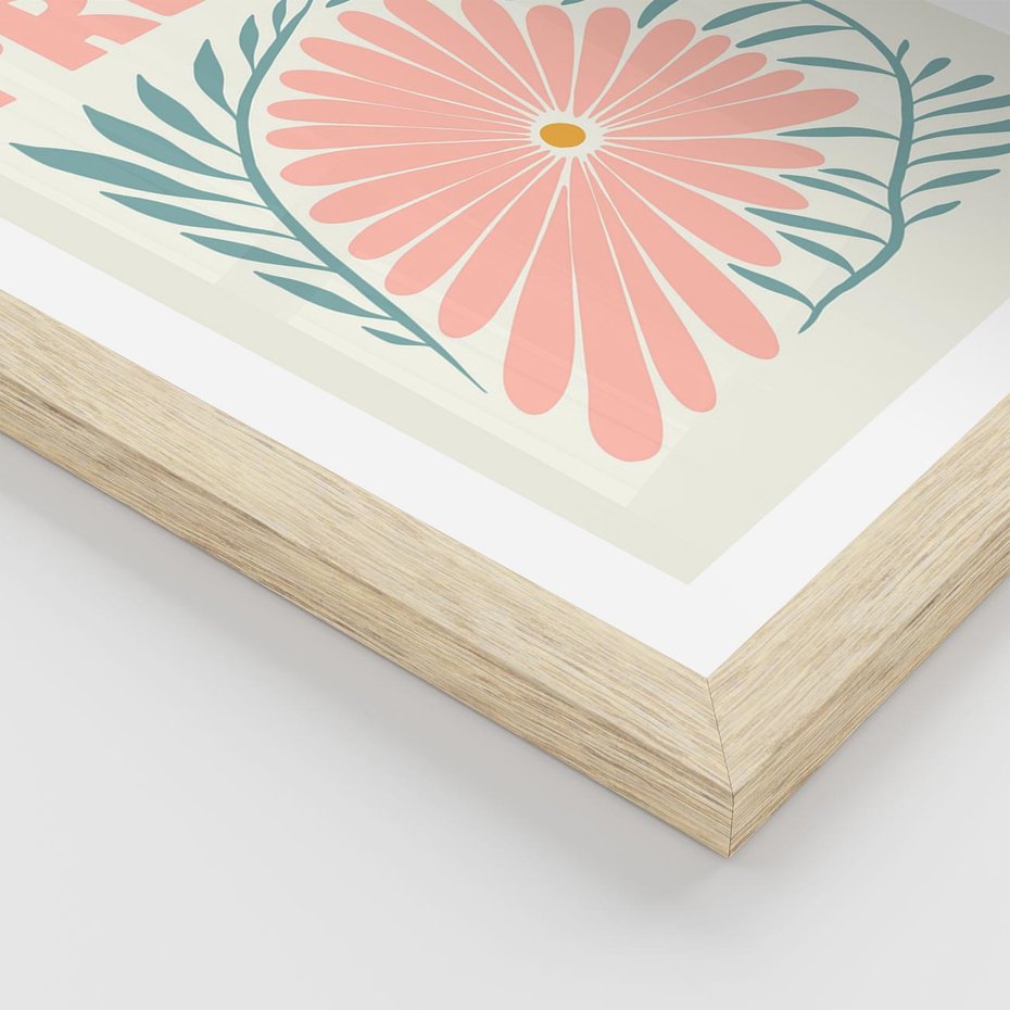 Plakat w ramie 50x70 - Symfonia Światła - typografia, pastelowa stokrotka - rama drewno