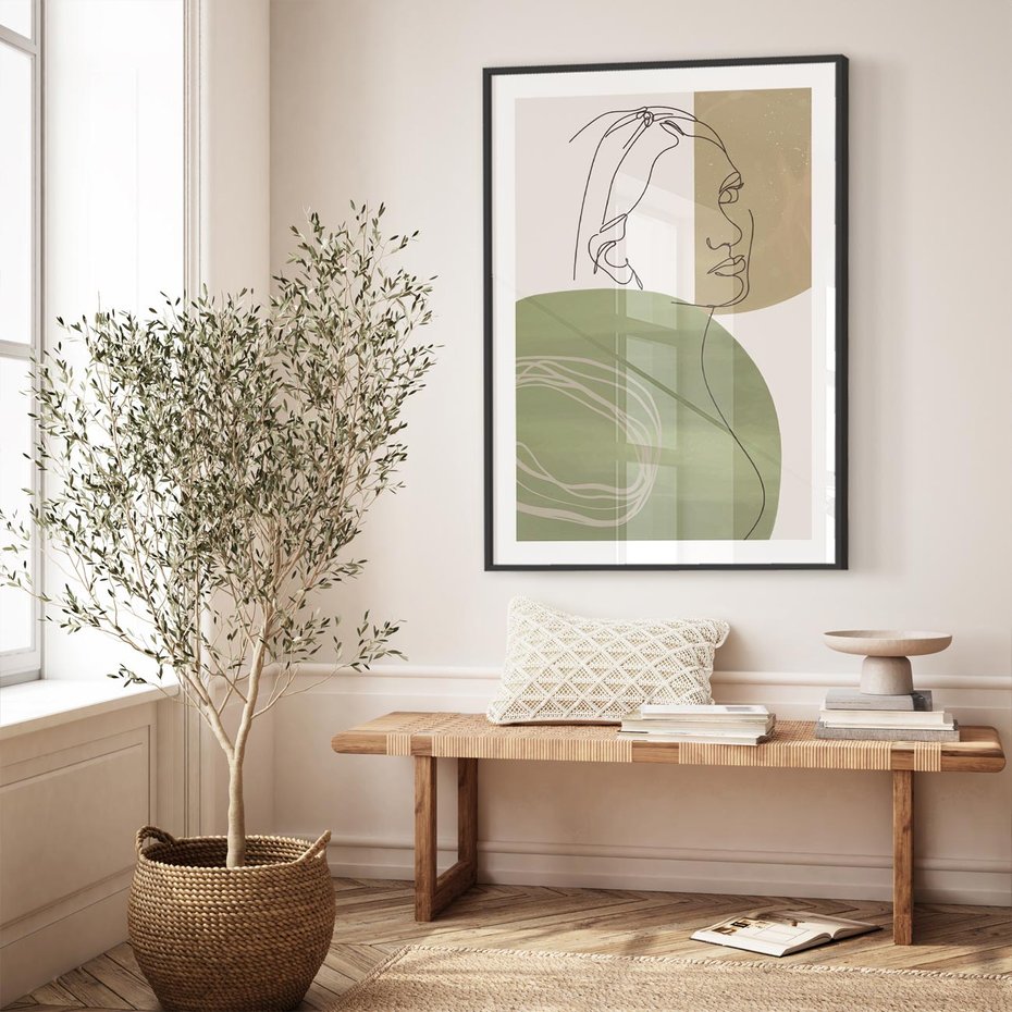 Plakat w ramie 30x40 - Jedna Linia, Wiele Emocji - akwarelowe plamy, na nich szkic postaci kobiety jedną linią - rama czarna