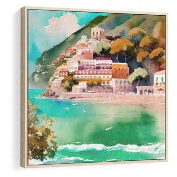 Obraz w ramie 50x50 - Na Zboczu - akwarela, nadmorski pejzaż - rama drewno