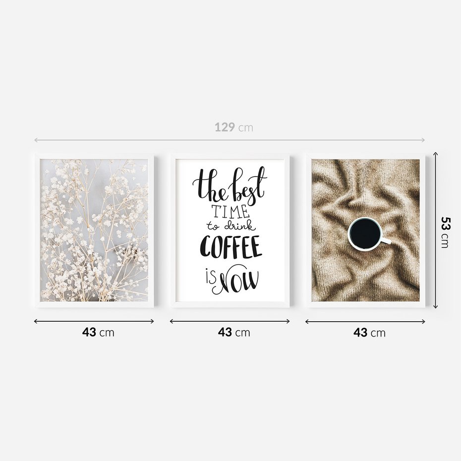 Zestaw obrazy w ramie 40x50 galeria - Kawa, typografia, kwiaty - rama biała