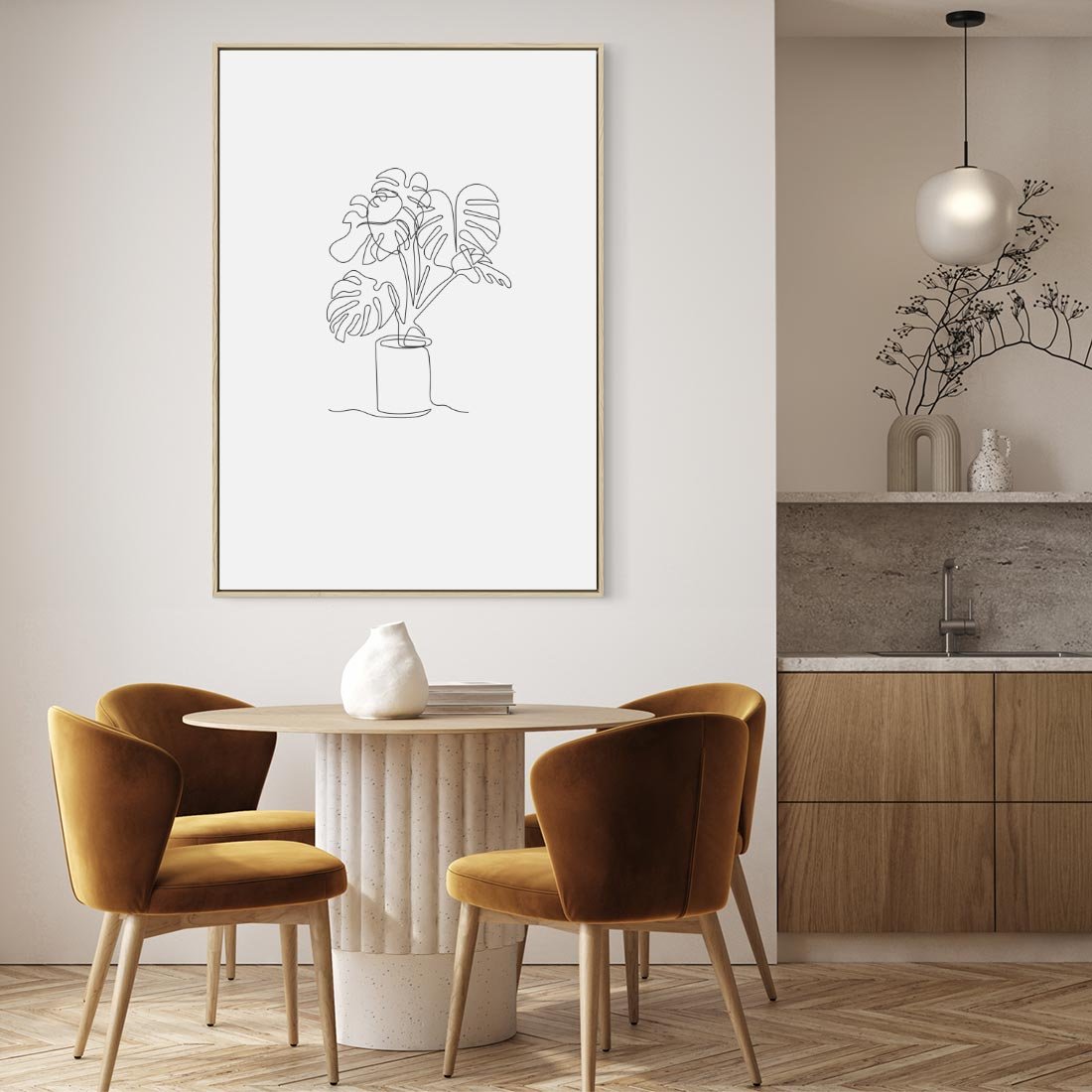 Obraz w ramie 70x100 - Tajemnicza Harmonia - sztuka one line, monstera - rama drewno