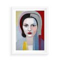 Plakat w ramie 50x70 - Kolorowe Granice Form - abstrakcyjny obraz olejny, portret twarzy kobiety - rama biała