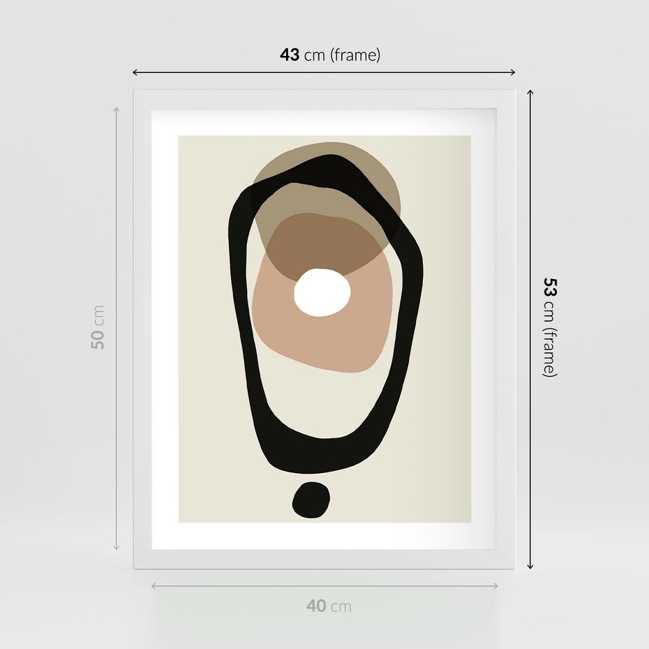 Plakat w ramie 40x50 - Intrygujące Zaskoczenia - beżowa abstrakcyjna kompozycja, czarny akcent - rama biała