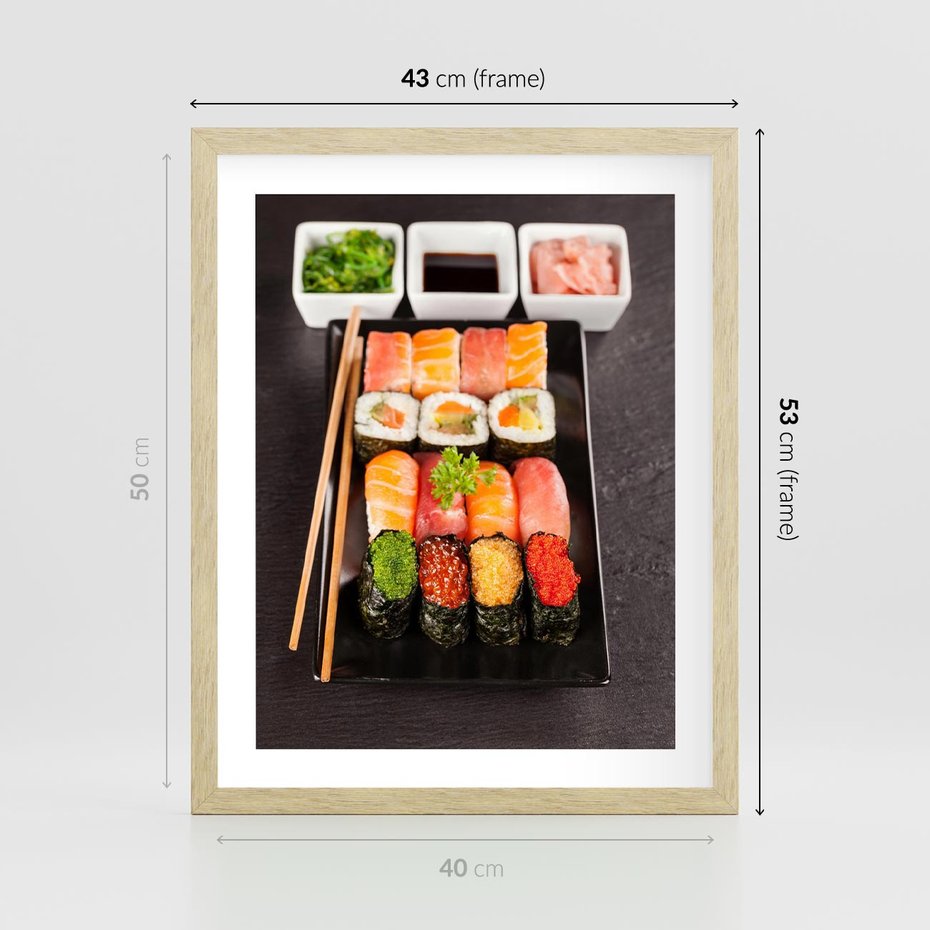 Plakat w ramie 40x50 - Kulinarne podróże do Japonii - sushi, japonia - rama drewno