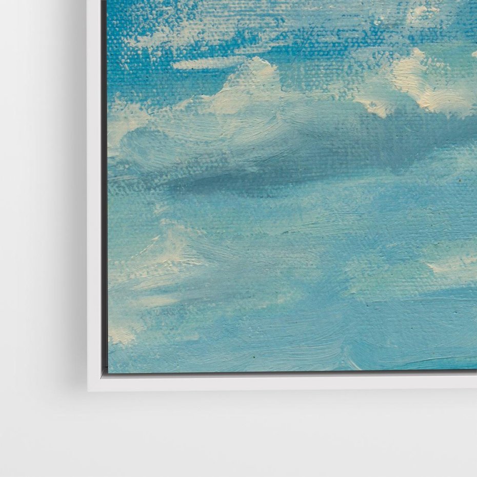 Obraz w ramie 80x80 - Oddechy niebiańskiej materii - olejny obraz, smugi farby przypominają obłoki na błękitnym niebie - rama biała