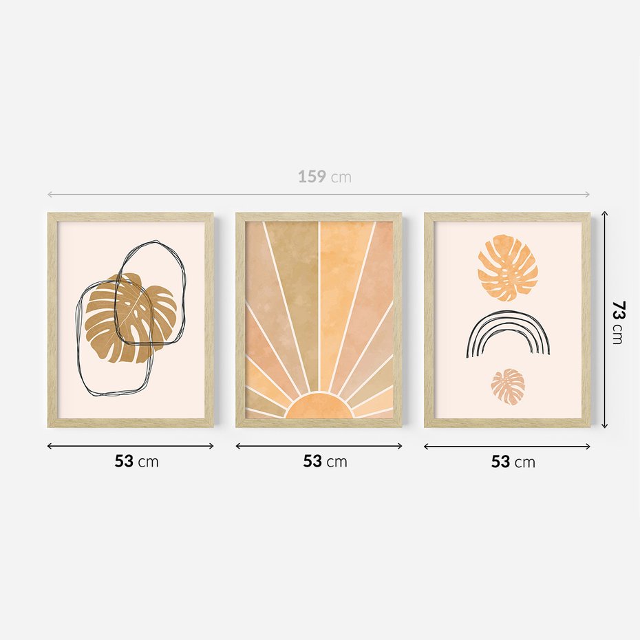 Zestaw obrazy w ramie 50x70 galeria - Boho, monstera, tęcza, nowoczesne - rama drewno