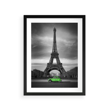 Plakat w ramie 30x40 - Paryskie Romantyczne Spotkanie - Eiffla, samochód - rama czarna