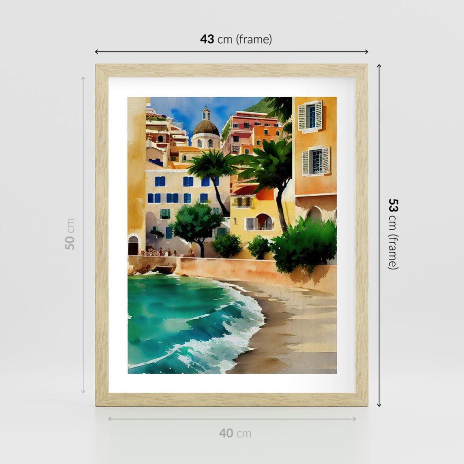 Plakat w ramie 40x50 - Zamieszkajmy Tu - akwarela, śródziemnomorski klimat - rama drewno