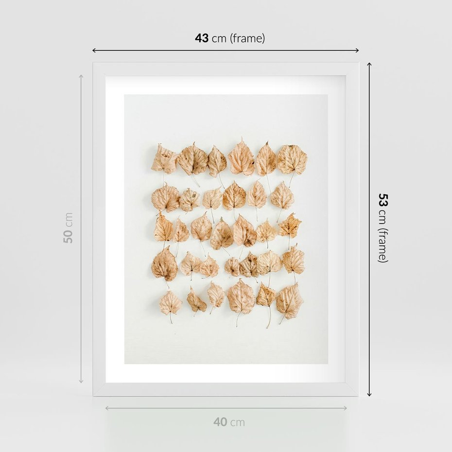Plakat w ramie 40x50 - Liście Złotego Sezonu - kompozycja z suchych żółtych liści - rama biała