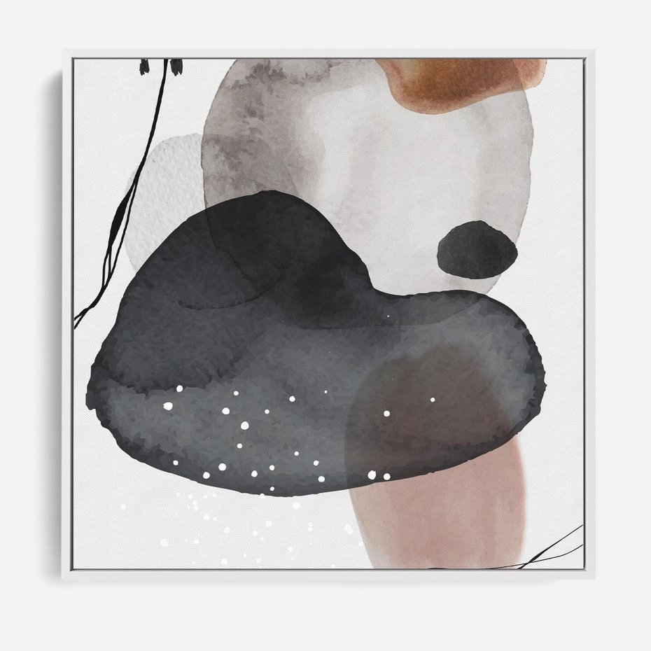 Obraz w ramie 50x50 - Impresje Harmonii - abstrakcyjne plamy akwarelowe, czarny szkic - rama biała