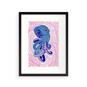Plakat w ramie 40x50 - Rozkwitające marzenia - abstrakcyjna kompozycja, niebieska ośmiornica wśród różowej roślinnośći - rama czarna