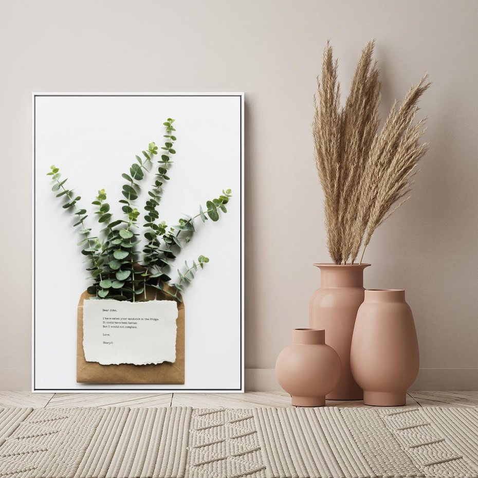 Obraz w ramie 80x120 - Eukaliptusowa harmonia - eukaliptus, liście - rama biała