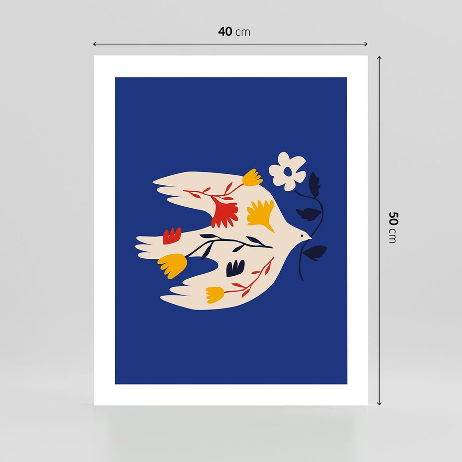 Plakat bez ramy 40x50 - Bezczasowy Szept - niebieskie tło, abstrakcyjny biały ptak