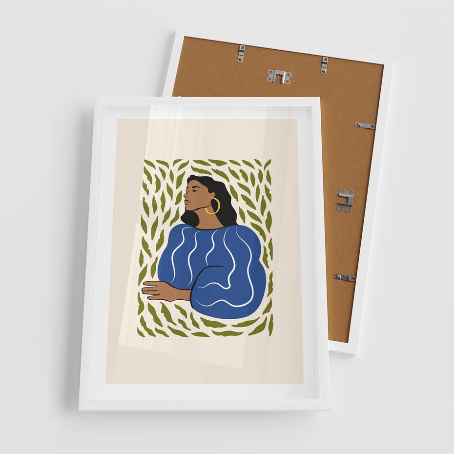 Plakat w ramie 50x70 - Rozbite Barwy - nowoczesny plakat, kobieta otoczona liśćmi - rama biała