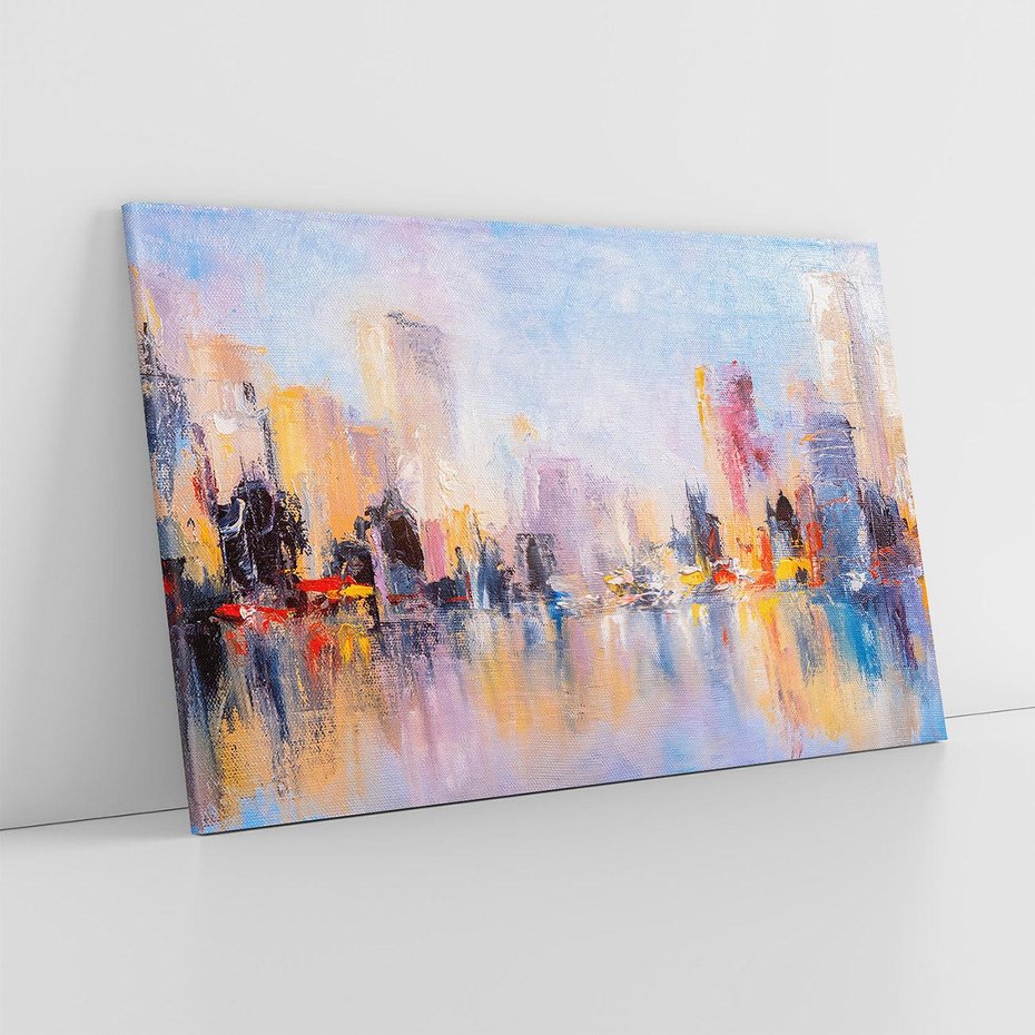 Obraz na płótnie 70x50 - Miasto Refleksji - olejna panorama miasta w oddali, wiezowce odbijają się w rzece