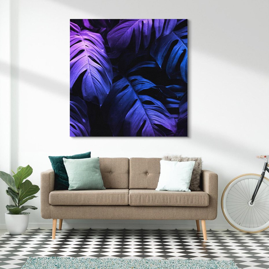 Obraz na płótnie 50x50 - Mroczna Magia Dżungli - mroczna grafika, fioletowe liście monstery na czarnym tle