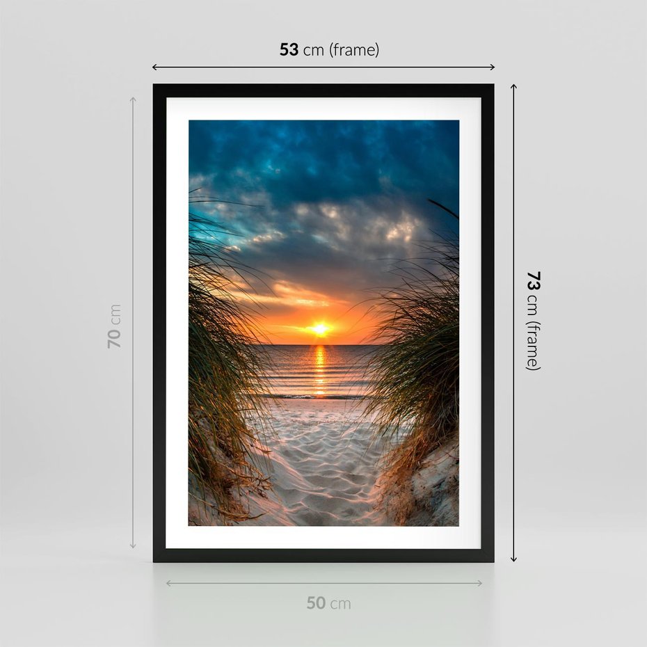 Plakat w ramie 50x70 - Magia zachodu słońca na plaży - zachód, słońca - rama czarna