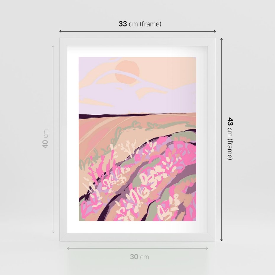 Plakat w ramie 30x40 - Harmonijny Świt - pastelowy krajobraz, nowoczesny plakat - rama biała