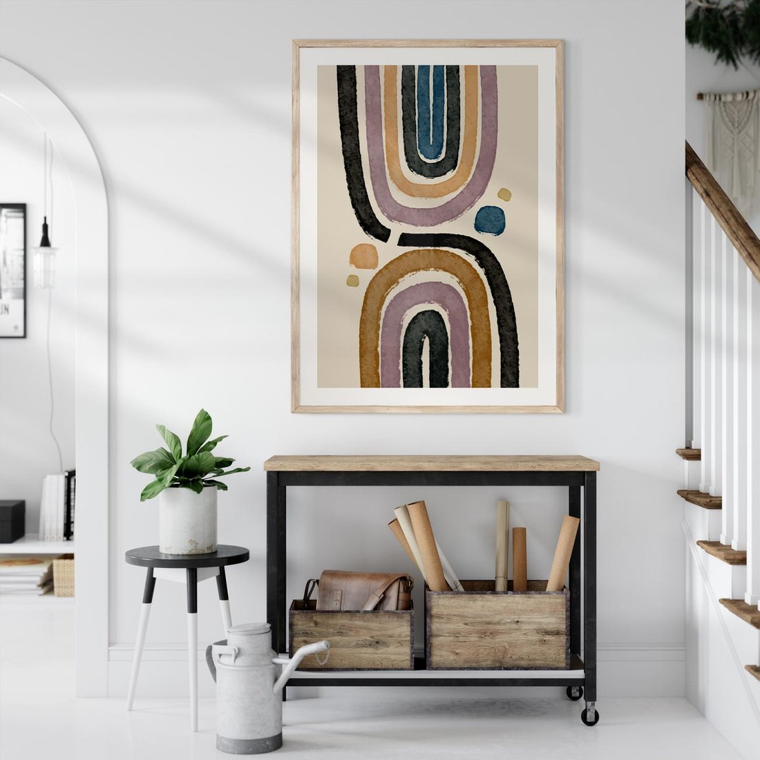 Plakat w ramie 40x50 - Taniec Przenikających Kształtów - abstrakcyjne tęcze, kompozycja - rama drewno