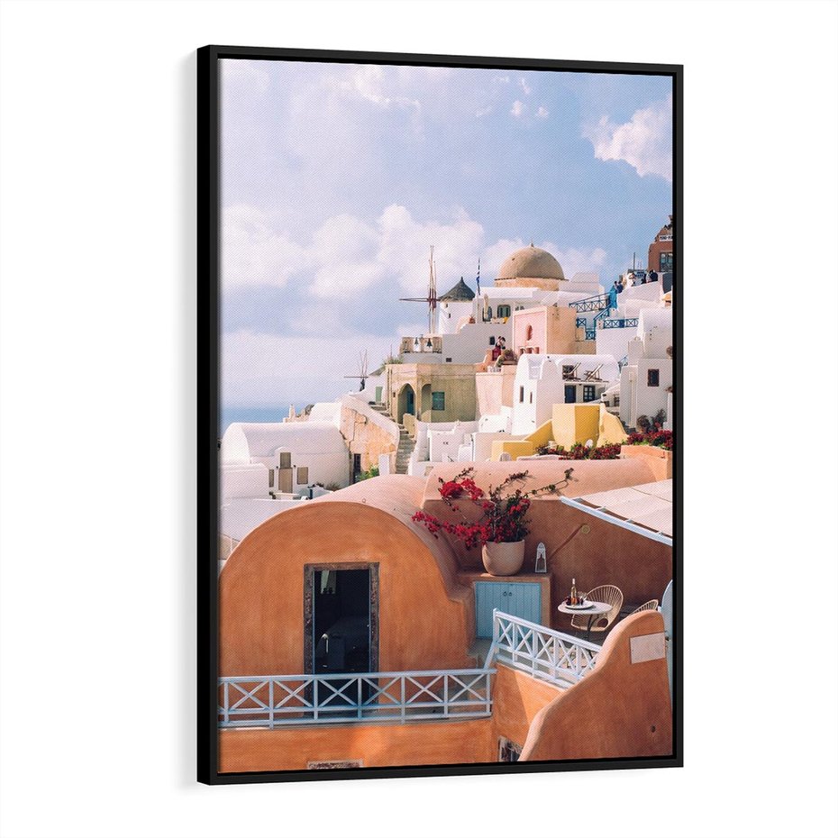 Obraz w ramie 70x100 - Błękit Morza i Białe Domki - Santorini, wyspa - rama czarna