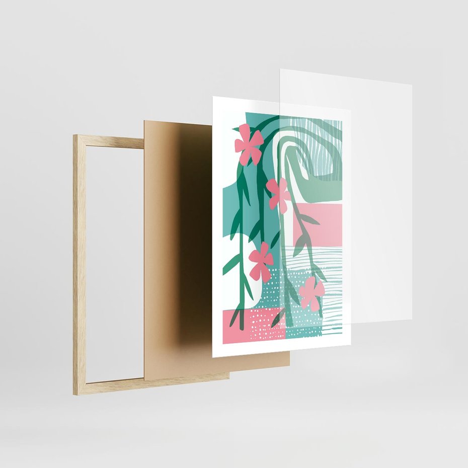 Plakat w ramie 50x70 - Rozkwitające Harmonie Form - abstrakcyjne pastelowe kwiaty, nowoczesna sztuka - rama drewno