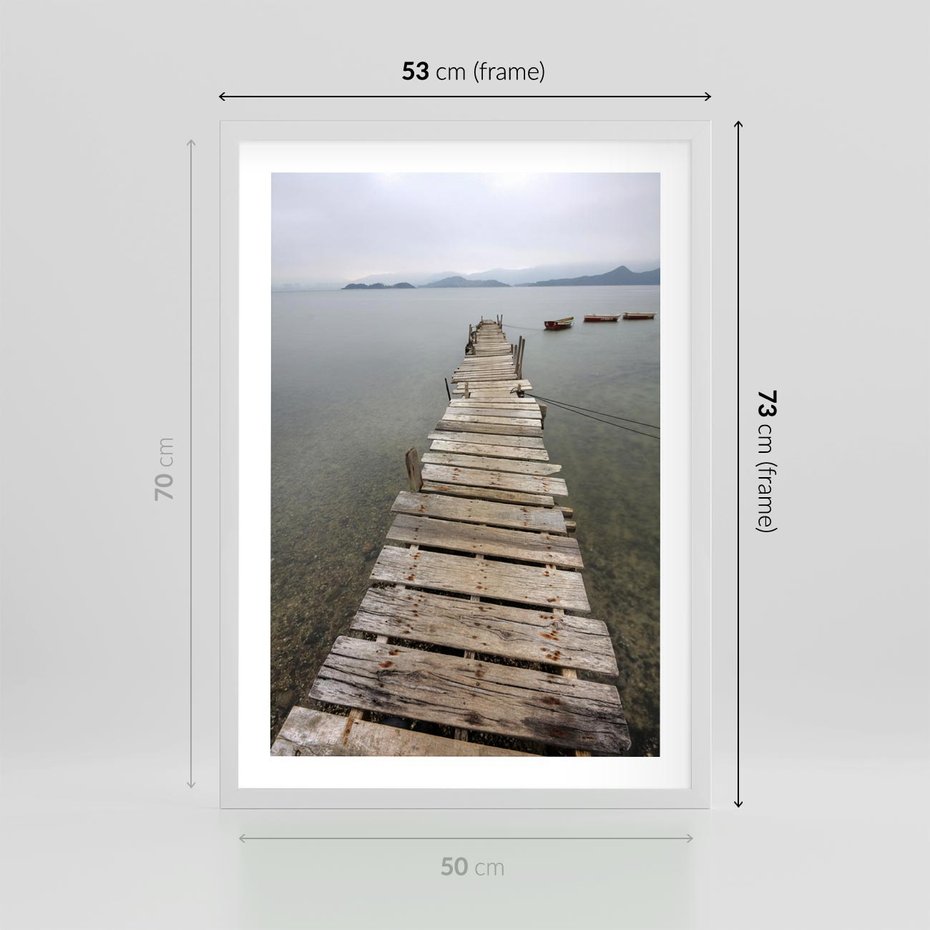 Plakat w ramie 50x70 - Jeziorne Refleksje - pomost, jezioro - rama biała