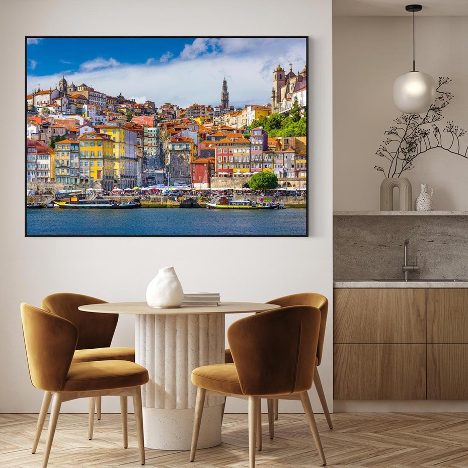 Obraz w ramie 100x70 - Kolorowa Przystań - nadmorskie miasto, kolorowe budynki - rama czarna