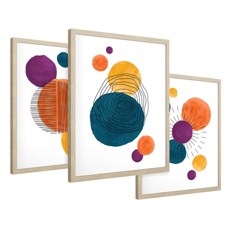 Zestaw obrazy w ramie 30x40 galeria - Geometryczne, koła, akwarela - rama drewno