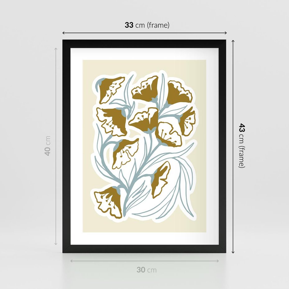 Plakat w ramie 30x40 - Wibracje Widzenia - abstrakcyjne beżowe kwiaty, elegancka kompozycja - rama czarna