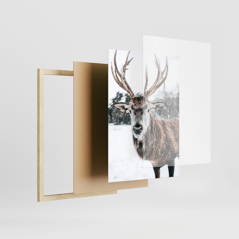 Zestaw obrazy w ramie 30x40 galeria - Jeleń, bizon, zima, retro - rama drewno