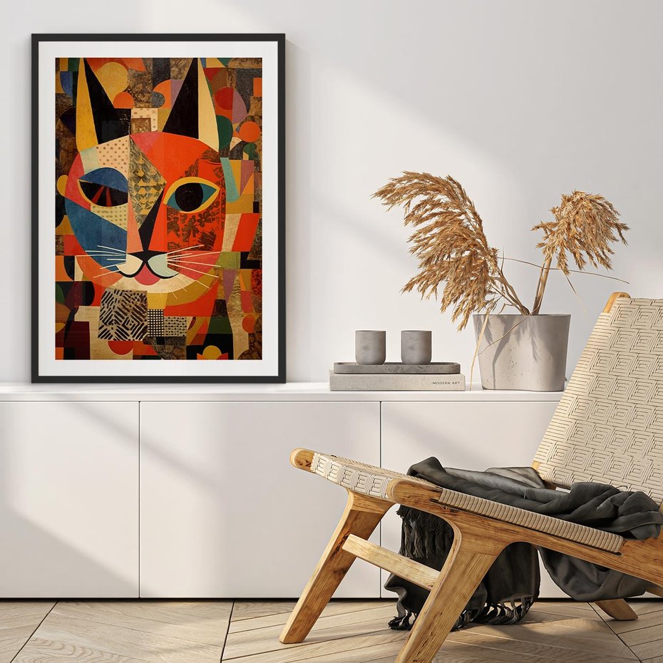 Plakat bez ramy 21x30 - Impresje Nieznanych Odniesień - abstrakcyjny obraz olejny, kot