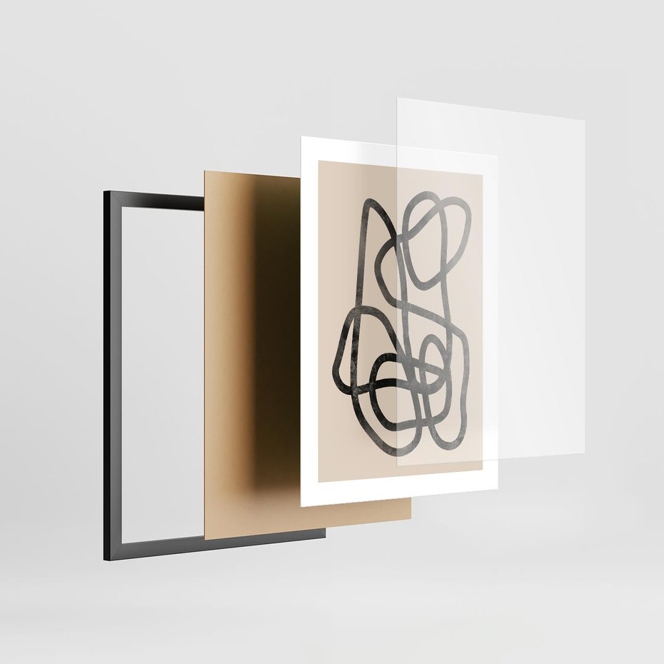 Plakat w ramie 30x40 - Przenikanie Wirtualnych Wymiarów - zaplątane minimalistyczne linie, na bezowym tle - rama czarna