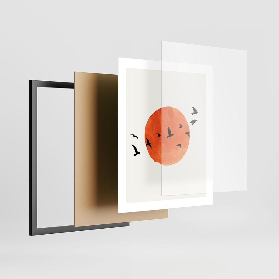 Plakat w ramie 40x50 - Zachód Słońca i Ptaki - grafika akwarela, czarne ptaki na tle zachodu słońca - rama czarna
