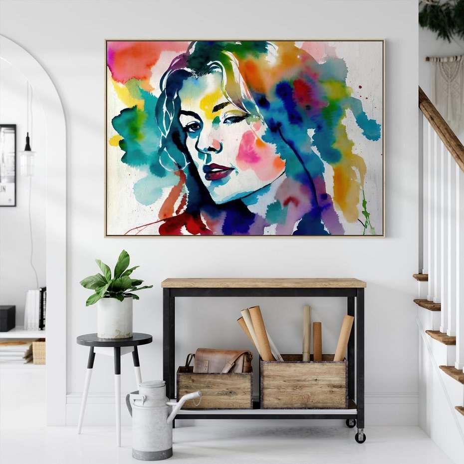 Obraz w ramie 70x50 - Abstrakcyjna ekstaza barw - abstrakcyjny portret kobiety, szkic czarną kreską - rama drewno